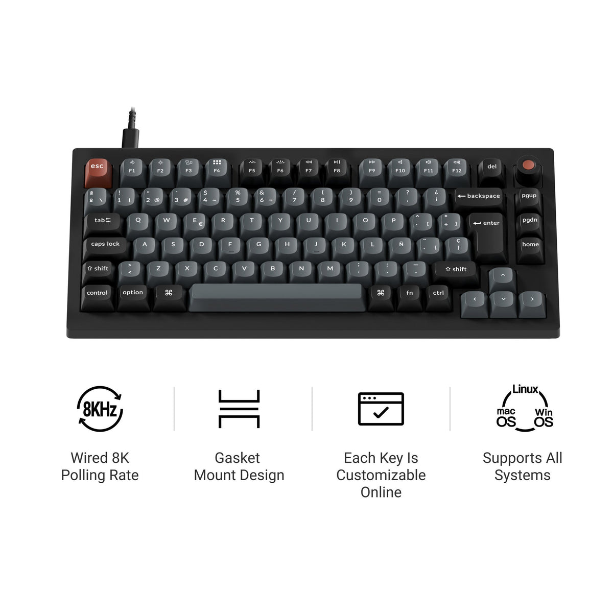 A compact black mechanical gaming keyboard with gray keycaps and a red backlight, shown on a white background with four feature icons and text below highlighting 8kHz polling, gasket mount design, online customization, and multi-system support.