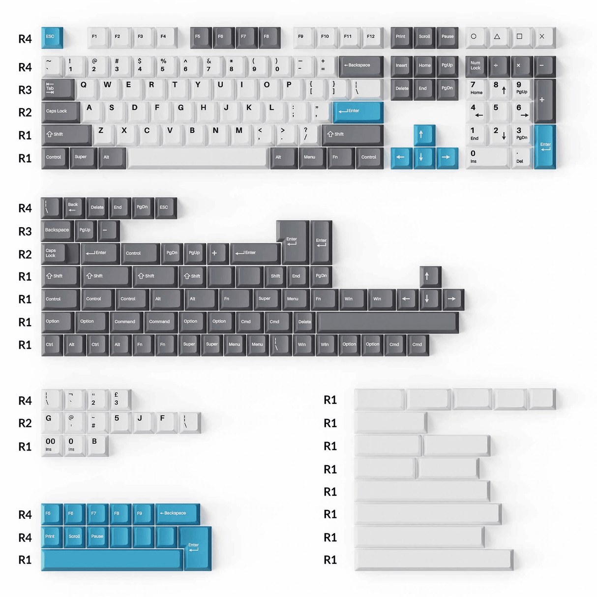 Cherry Profile Double-Shot PBT Full Set Keycaps - Grey, White and Blue