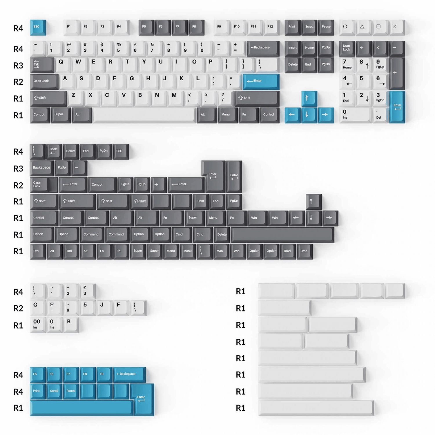 Cherry Profile Double-Shot PBT Full Set Keycaps - Grey, White and Blue