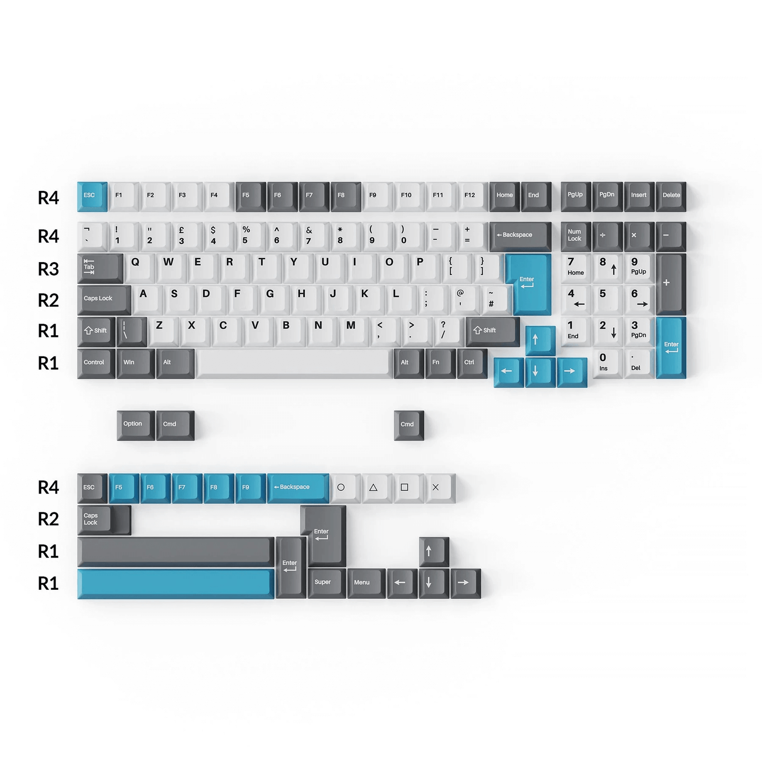 Cherry Profile Double-Shot PBT Full Set Keycaps - Grey, White and Blue