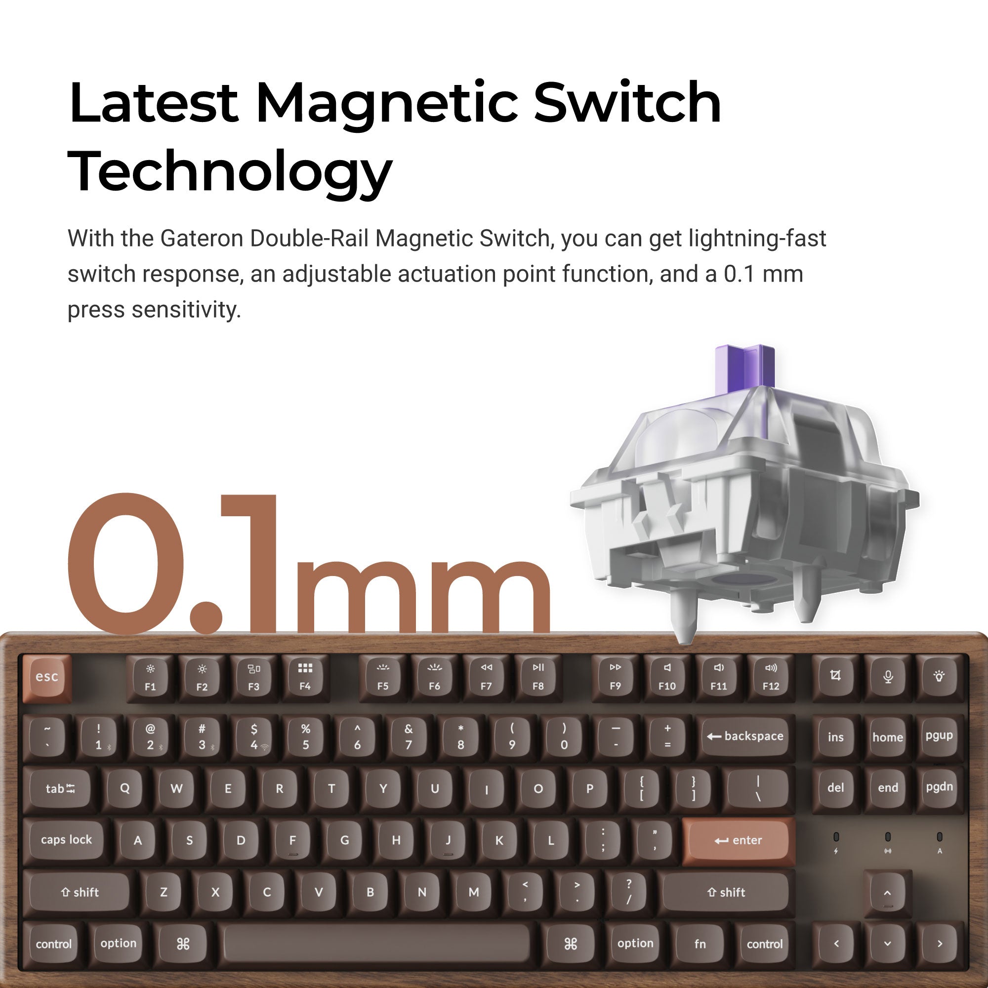 Wooden magnetic-switch keyboard with adjustable actuation and 0.1 mm sensitivity.