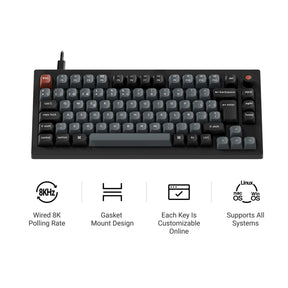 A compact black mechanical gaming keyboard with gray keycaps and a red backlight, shown on a white background with four feature icons and text below highlighting 8kHz polling, gasket mount design, online customization, and multi-system support.