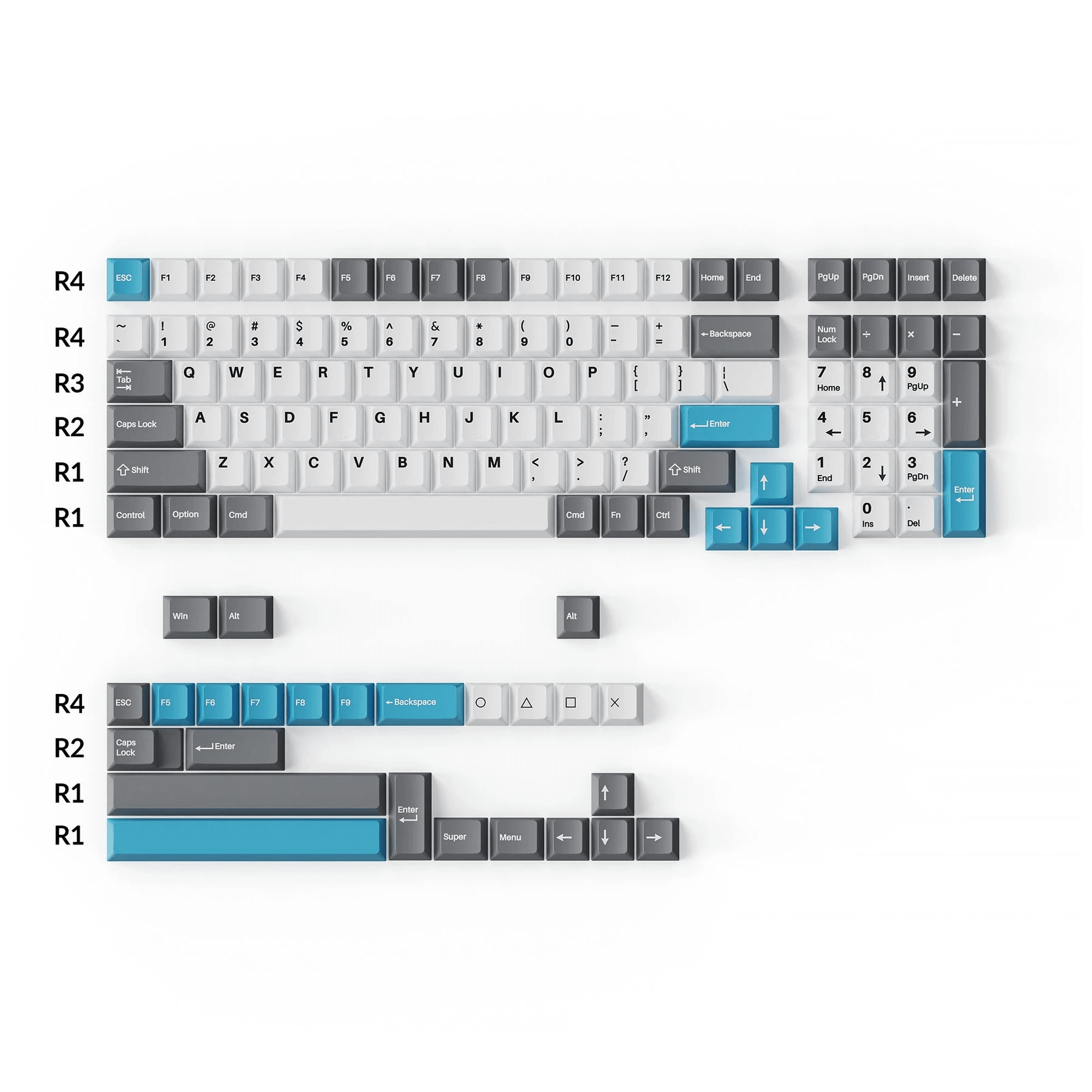 Cherry Profile Double-Shot PBT Full Set Keycaps - Grey, White and Blue