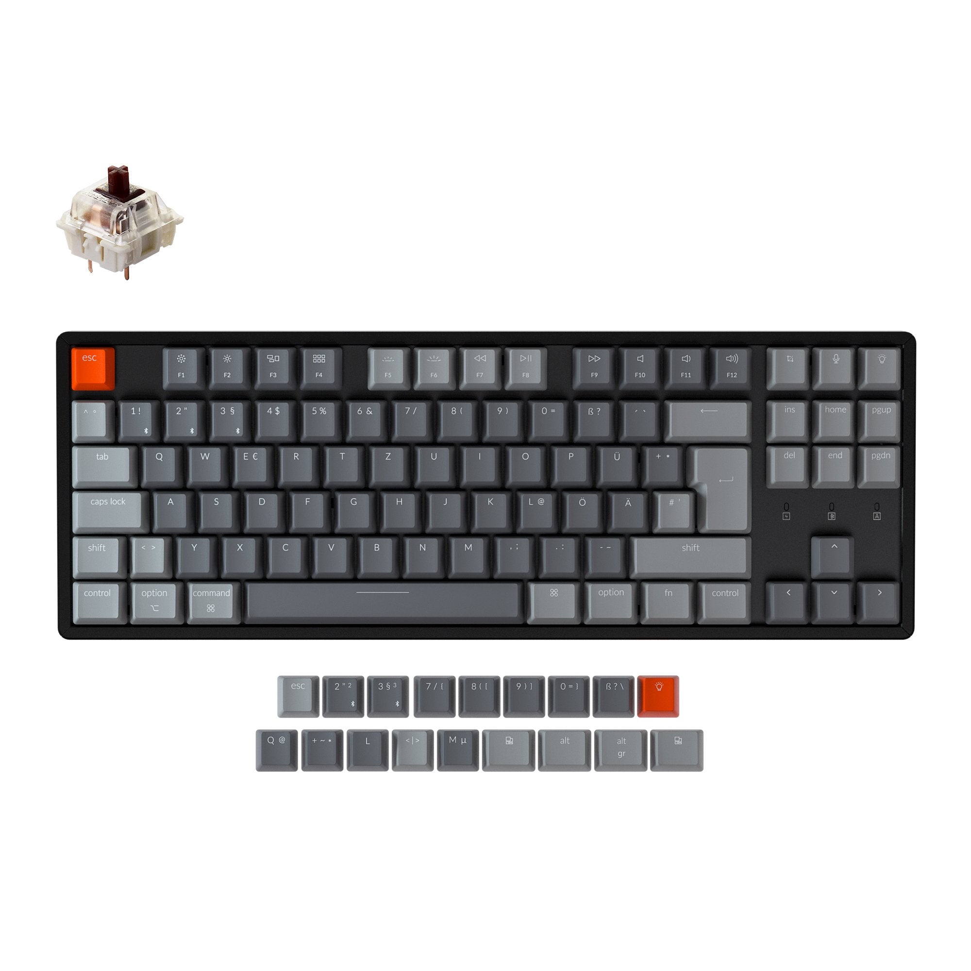 Keychron K8 Tenkeyless Wireless Mechanical Keyboard (German ISO-DE Layout) has included keycaps for both Windows and macOS, and users can hotswap every switch in seconds with the hot-swappable version.